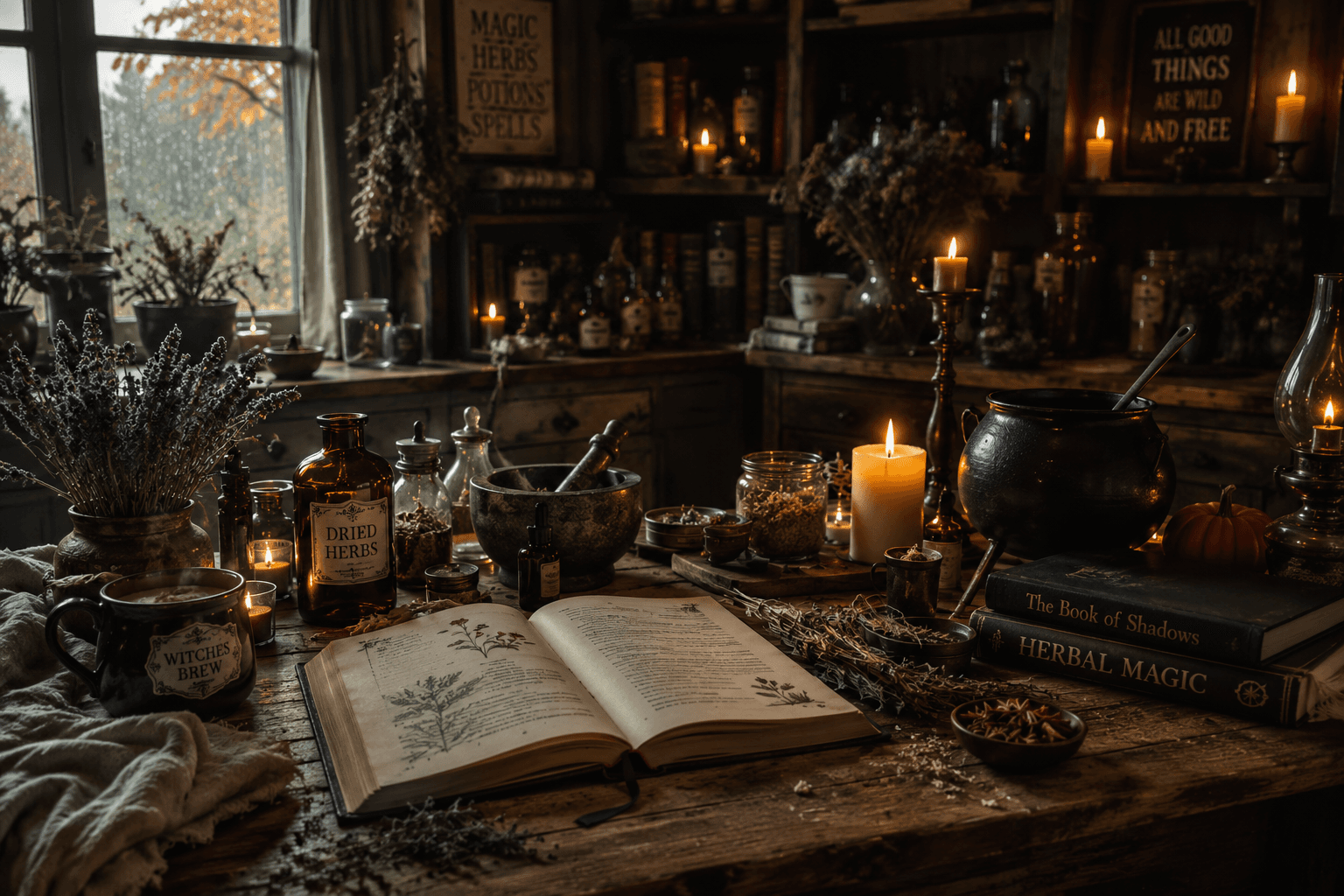 A candlelit autumn kitchen styled like an old apothecary, with dried herbs, amber glass bottles, a cauldron and an open botanical book on a wooden table in front of a rain-streaked window.