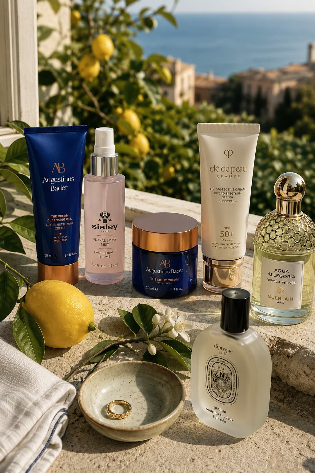 Premium summer skincare, Guerlain perfume, fresh lemon and folded linen arranged on a stone table overlooking the lemon gardens of Cortelume.