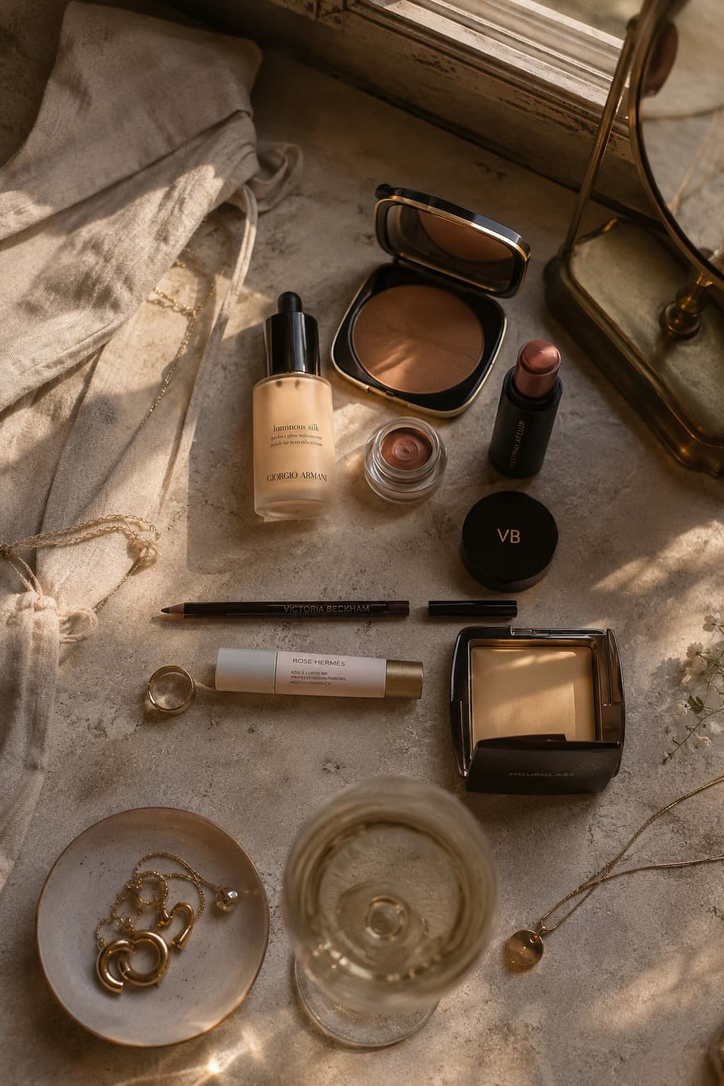 Premium makeup, gold earrings and a linen dress arranged beside an open window overlooking Via Pietra in the warm evening light of Cortelume.