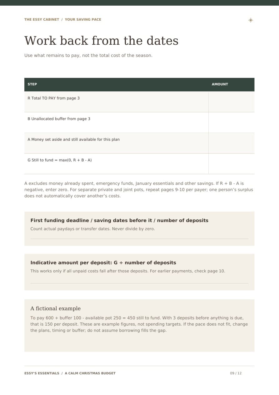 Workbook page 9, "Work back from the dates" - a saving-pace worksheet with a worked example and a note that figures shown are illustrative, not spending targets.