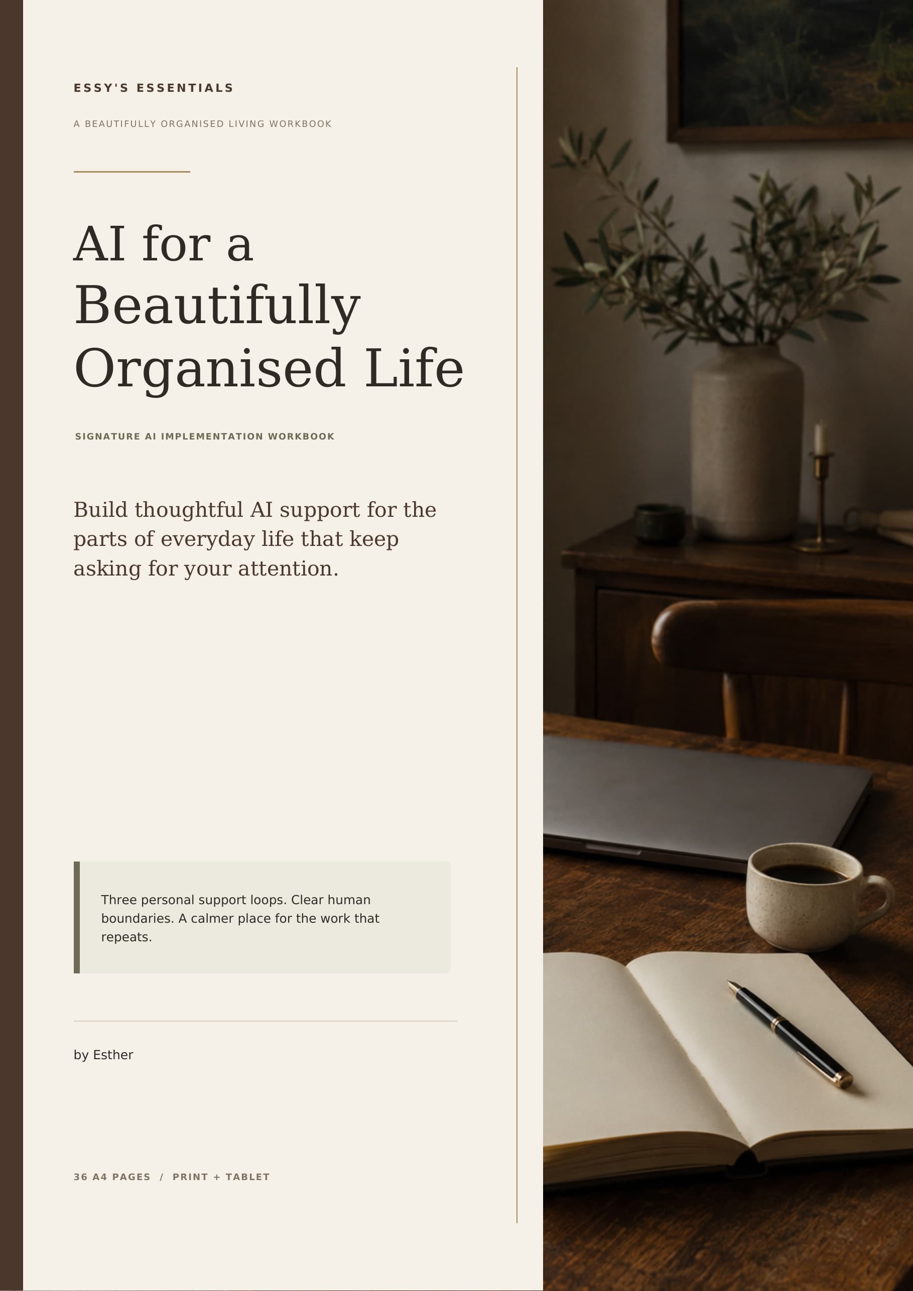 Cover of AI for a Beautifully Organised Life by Esther, a warm cream and walnut Signature AI Implementation Workbook.