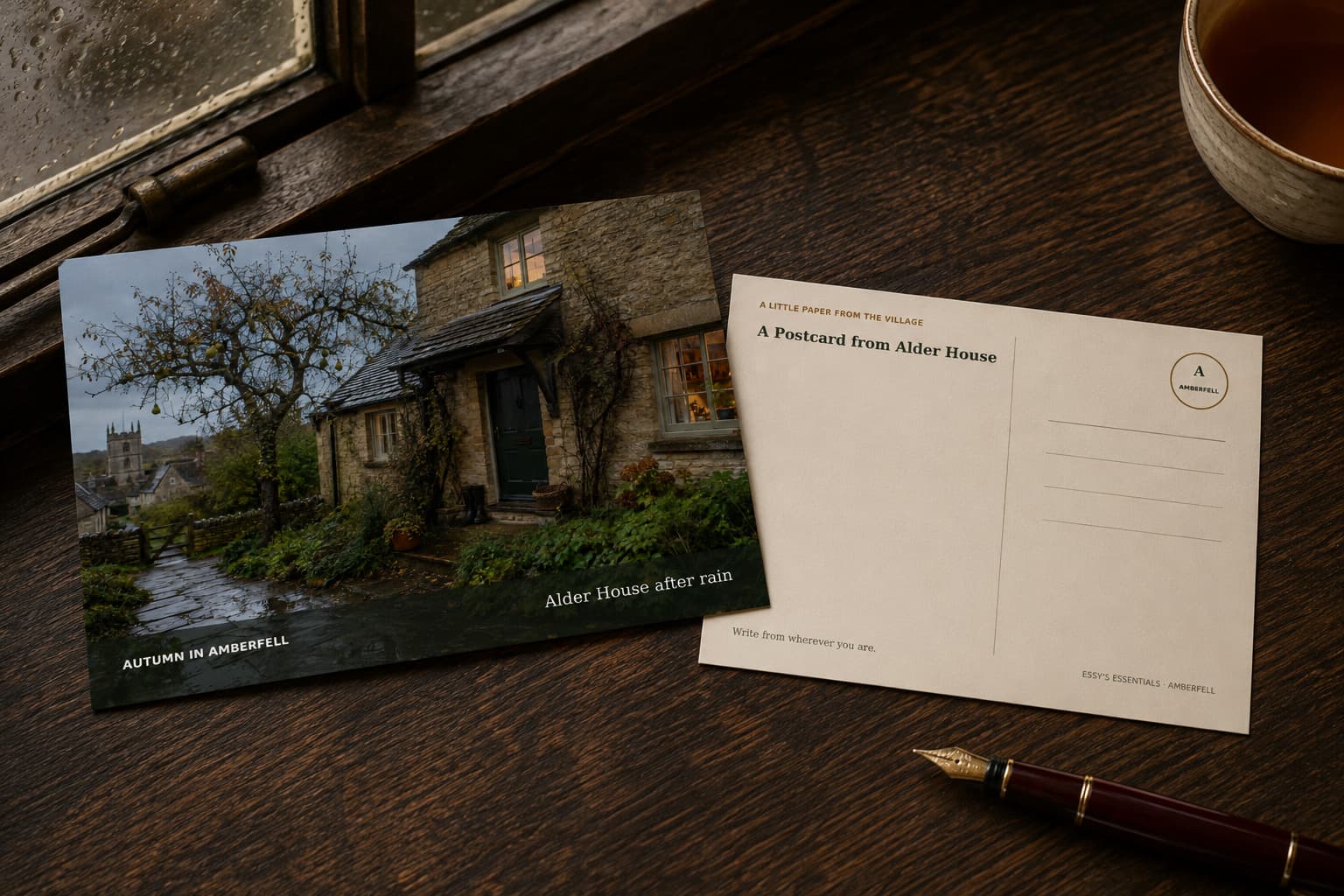 The Alder House postcard shown front and back on dark oak beside a rainy window.