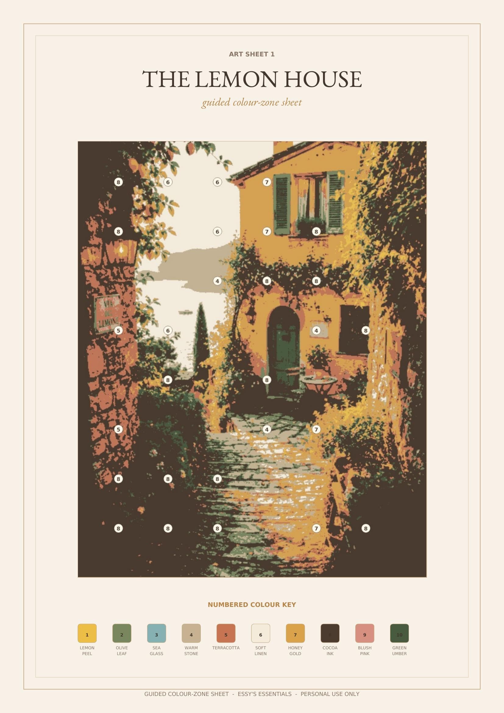 Guided colour-zone sheet for 'The Lemon House', with the same scene broken into ten numbered colour zones matching the palette key.