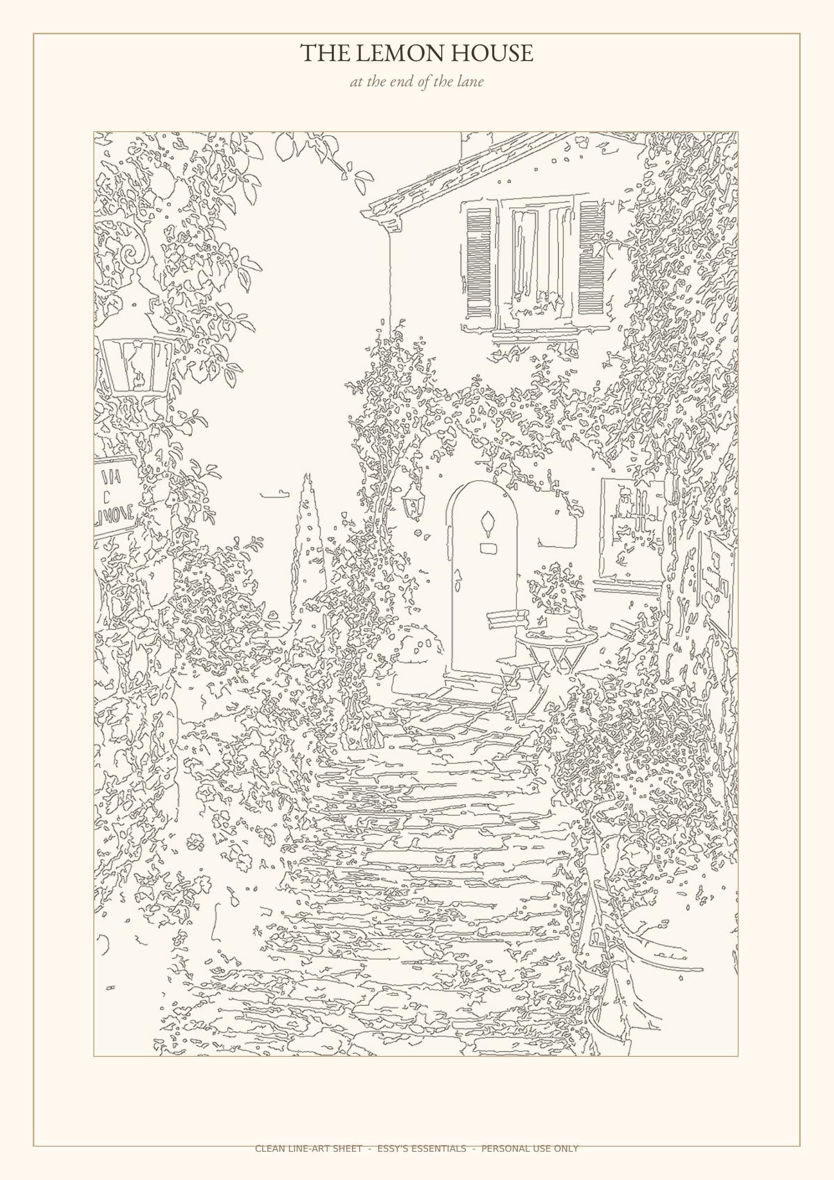 Clean line-art sheet for 'The Lemon House', the same scene as an outline ready to paint.