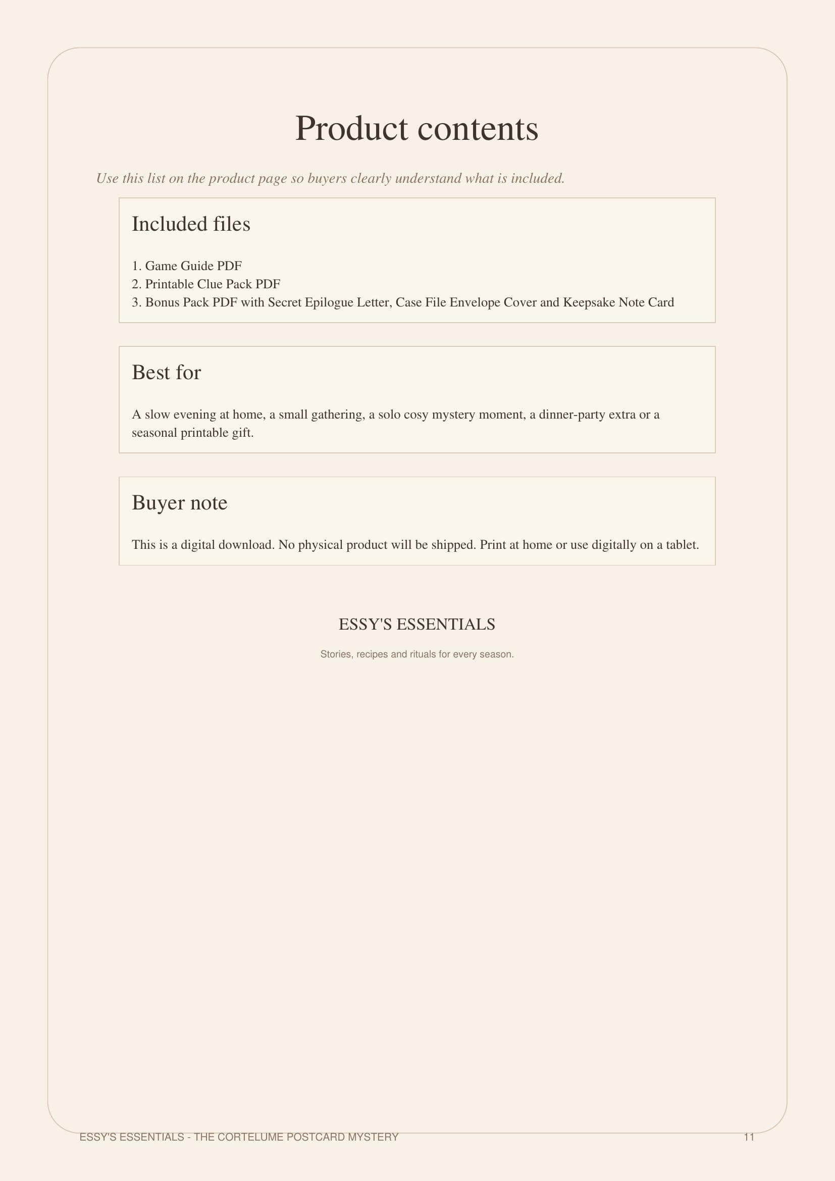 Product contents page listing the three included files: Game Guide PDF, Printable Clue Pack PDF, and Bonus Pack PDF.
