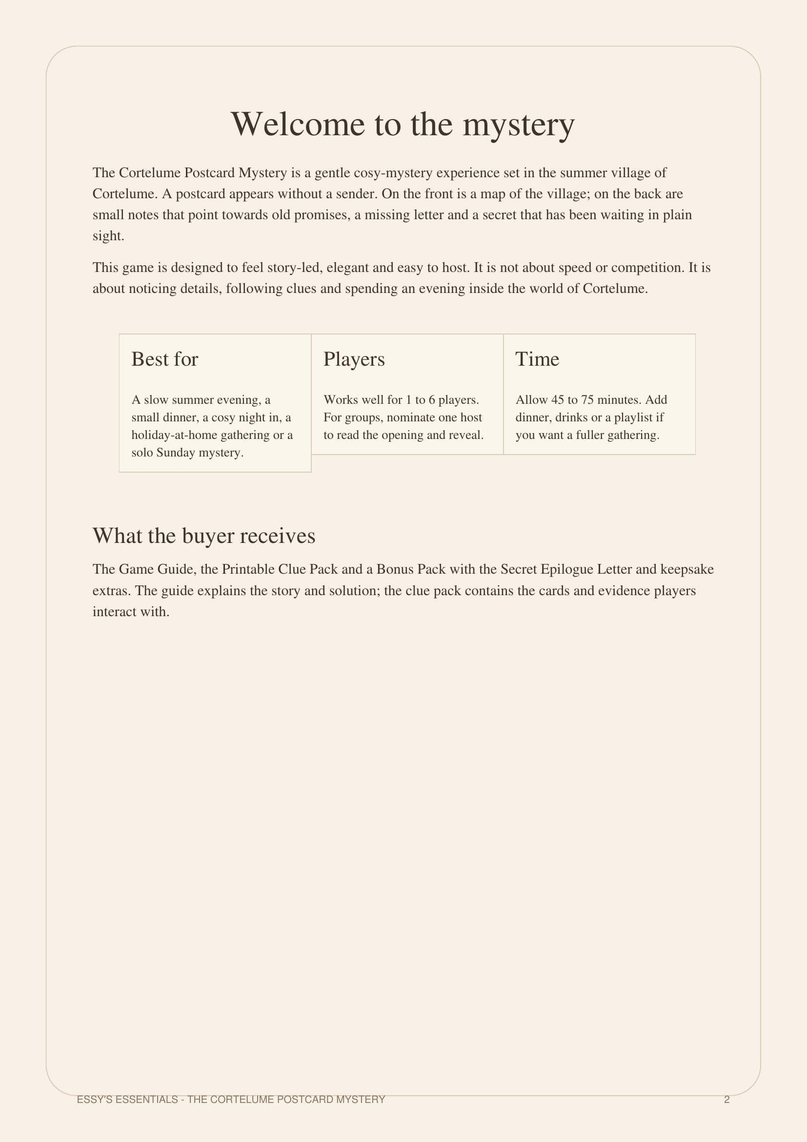 Opening page 'Welcome to the mystery' describing the premise, player count (1-6) and playtime (45-75 minutes) - no clues or solution shown.