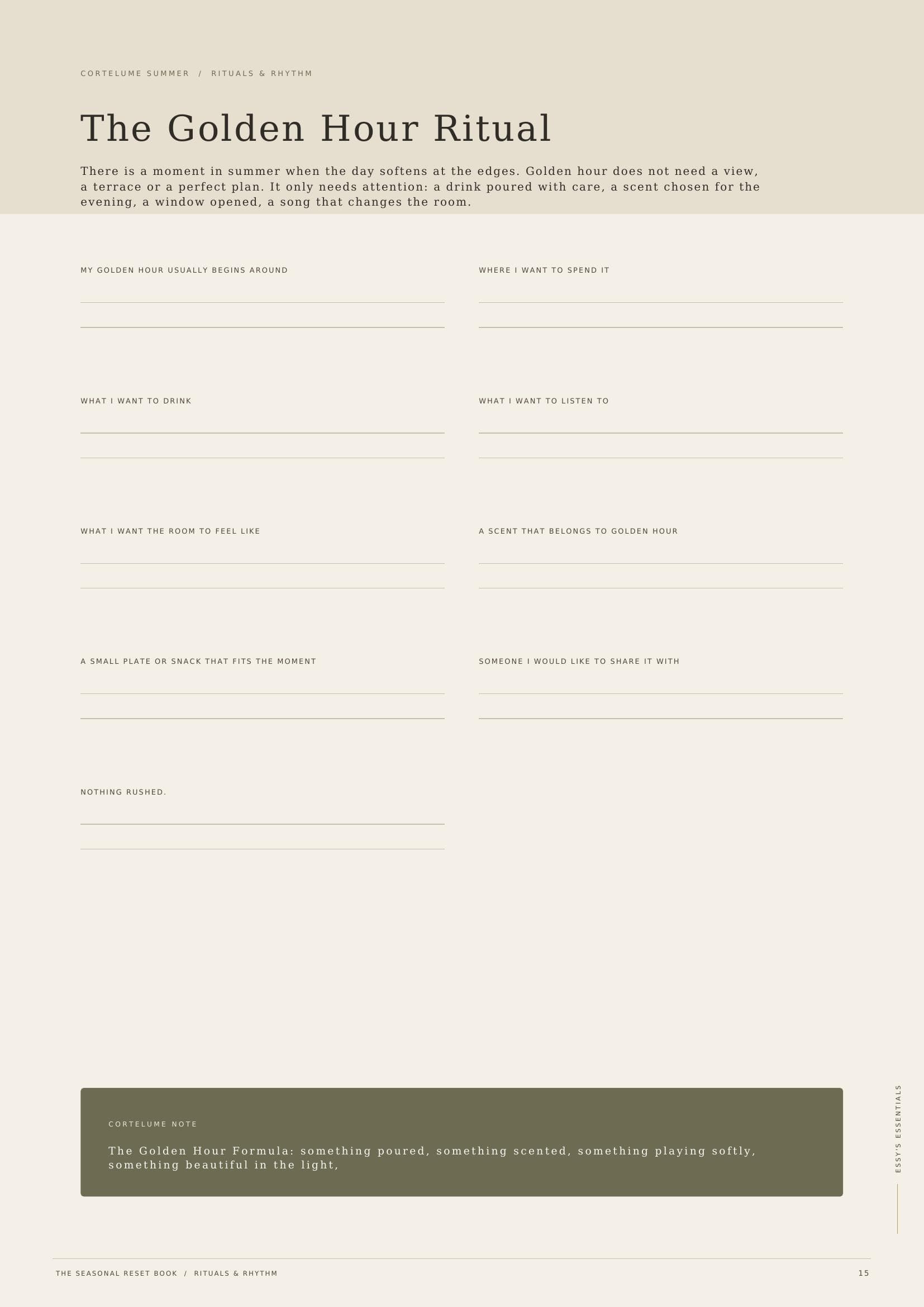 Worksheet page 'The Golden Hour Ritual' with blank prompts for when golden hour begins, where to spend it and what to drink.