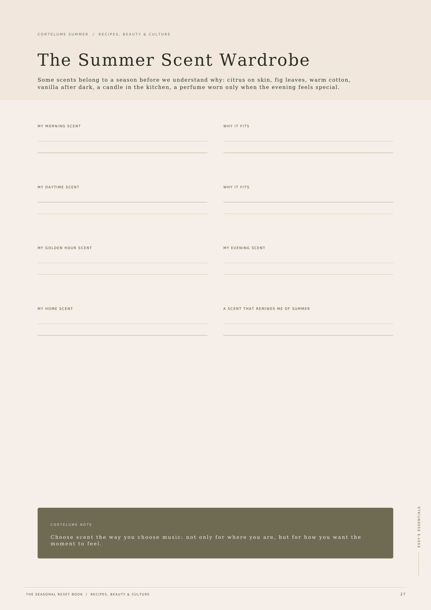 Worksheet page 'The Summer Scent Wardrobe' with blank fields for a morning scent, daytime scent and golden hour scent.