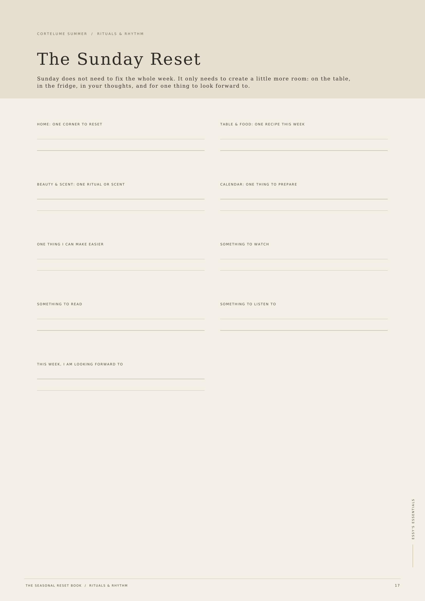 Worksheet page 'The Sunday Reset' with blank fields for home, table, beauty and calendar resets.