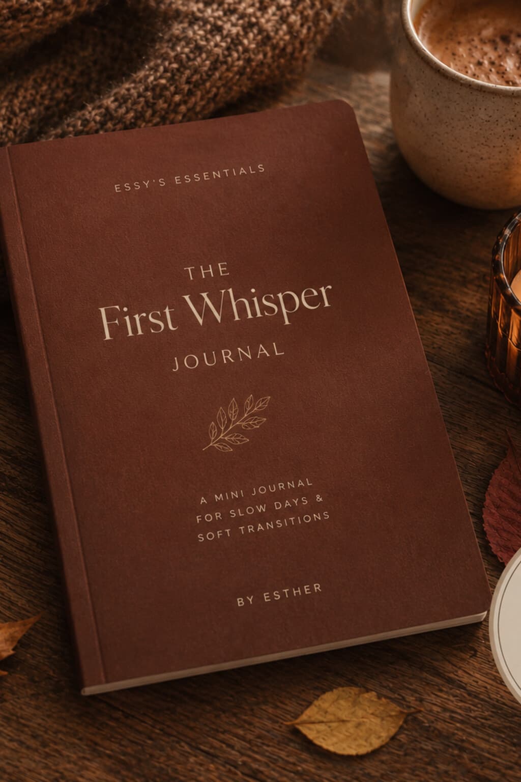 The First Whisper Journal cover: a compact autumn-toned journal styled with a warm drink, a lit candle and a few early fallen leaves, next to a "10-12 pages, instant digital download" badge.