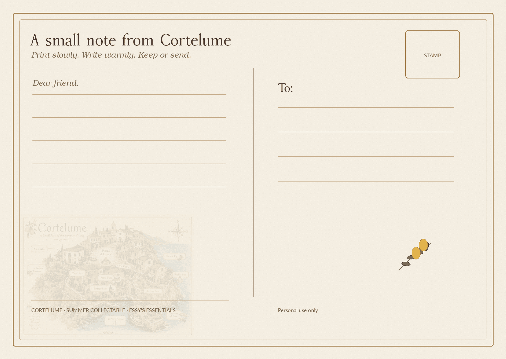 The back of the Cortelume postcard: "A small note from Cortelume", a "Dear friend," writing space, a "To:" address field, a stamp box, and a faded Cortelume map watermark in the corner.