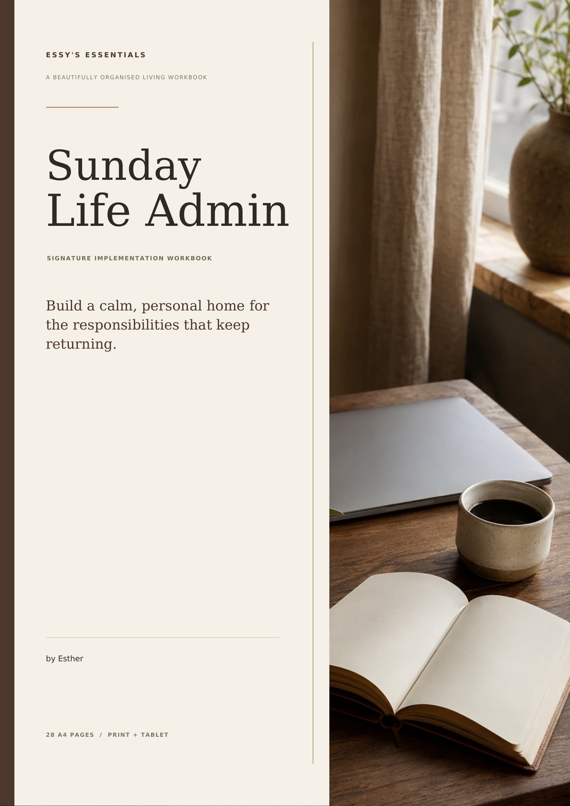 Cover of Sunday Life Admin by Esther, a warm cream and walnut Signature Implementation Workbook.