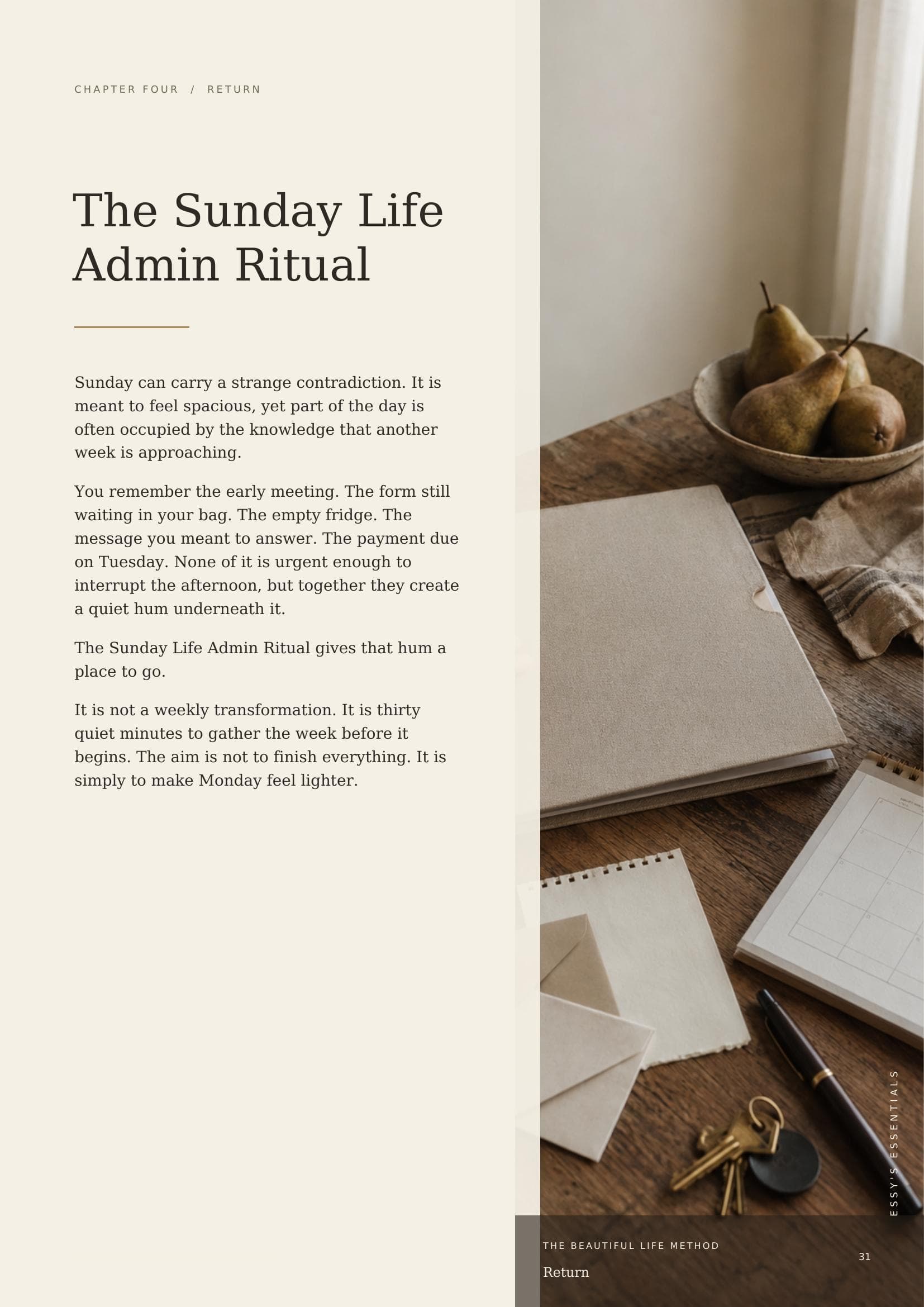 Chapter opener page 'The Sunday Life Admin Ritual' from Chapter Four, Return.