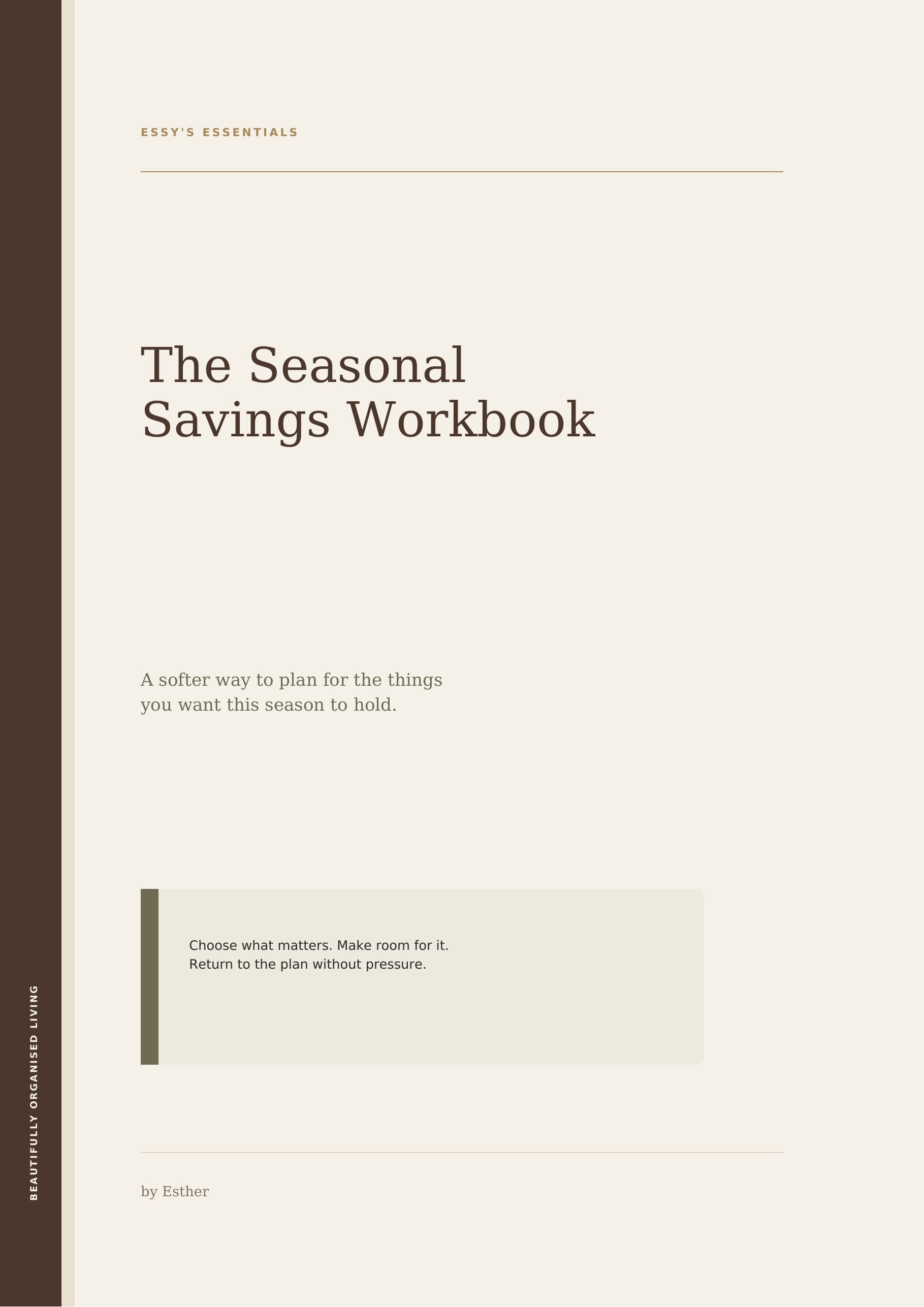 Cover of The Seasonal Savings Workbook by Esther in warm cream, walnut and muted olive tones.