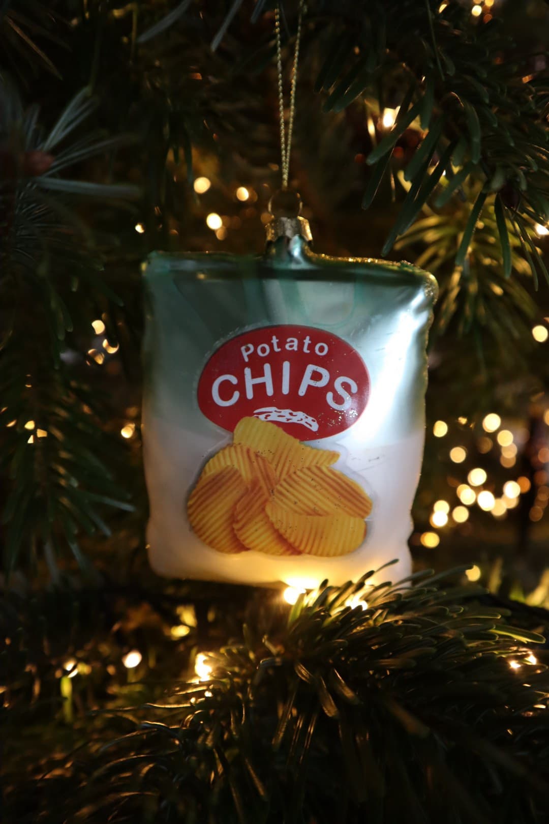 A close-up of a novelty crisps-tin Christmas ornament hanging on a tree branch.