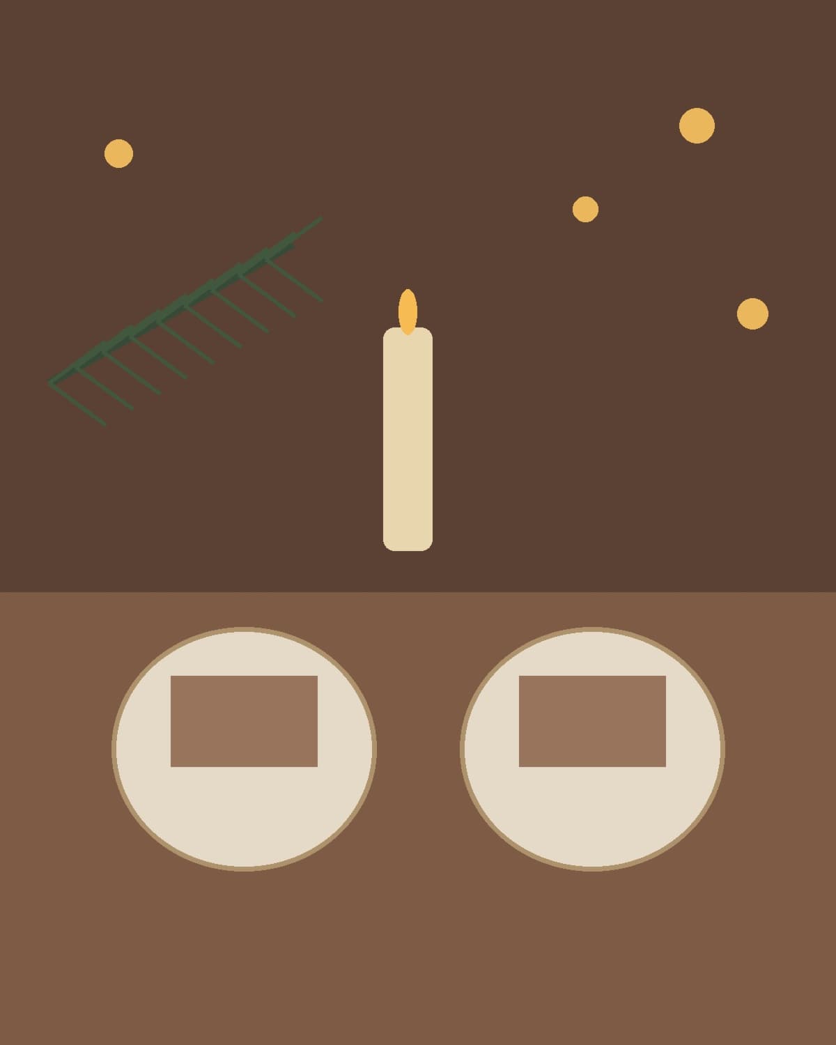 Warm candlelit Christmas table with two place settings.