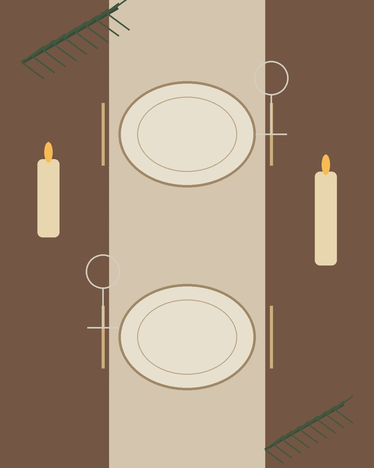 Candlelit Christmas table set for two with evergreen details.