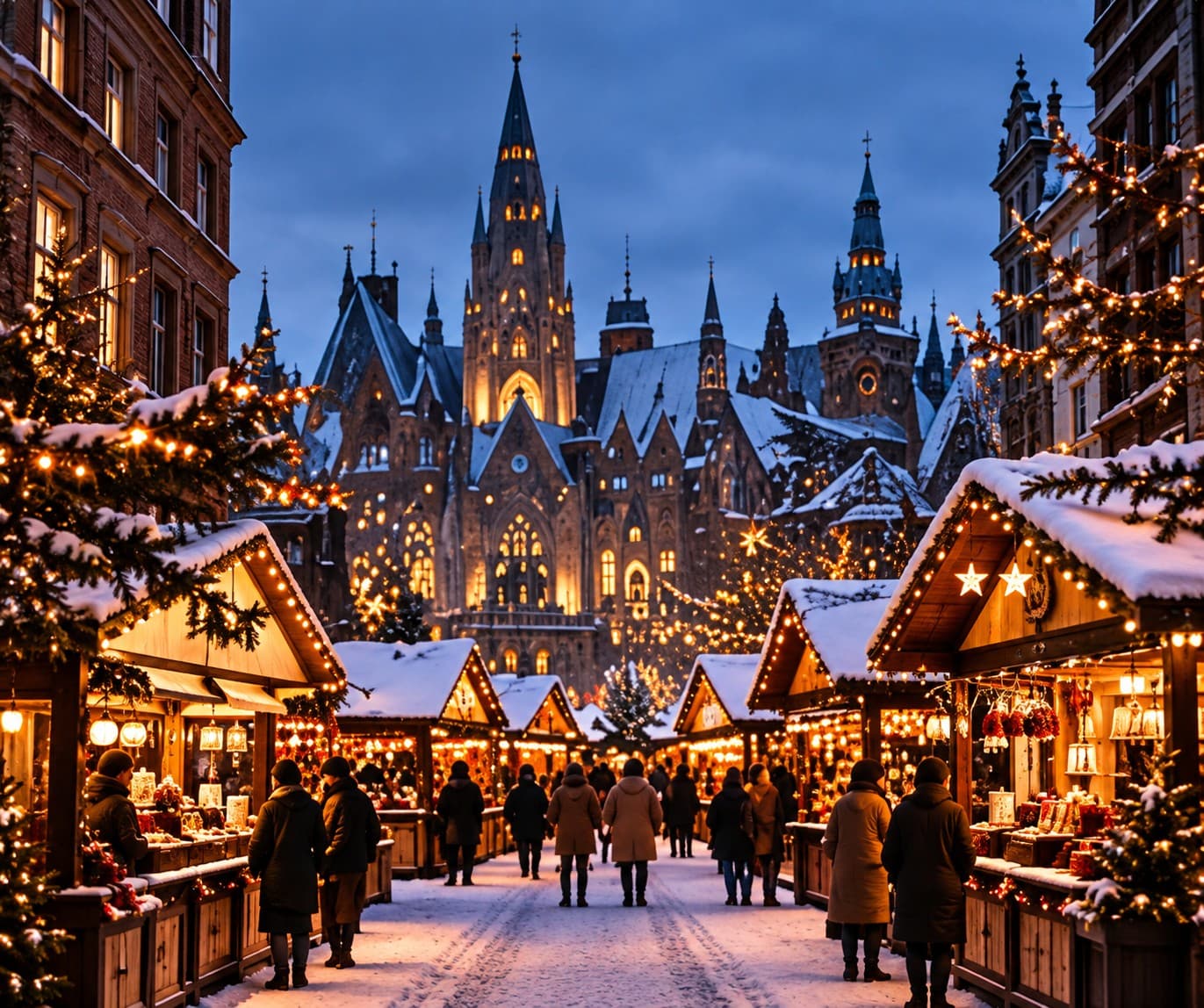 A European Christmas market at dusk, stalls lit with warm lights beside a floodlit cathedral.