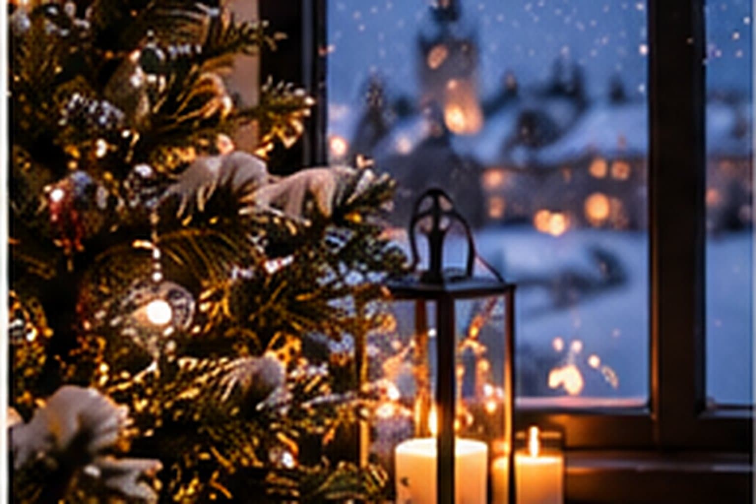 A snowy winter street at dusk with a lit brass lamp glowing in an upstairs window of a quiet house.