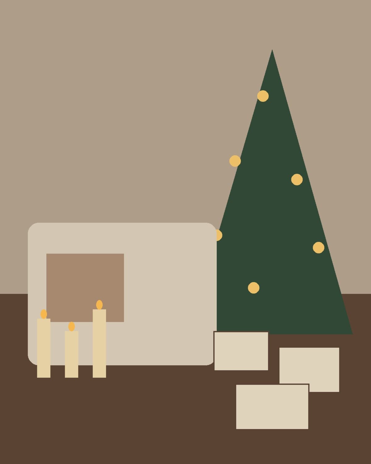 Candlelit Christmas living room with gifts ready beneath the tree.