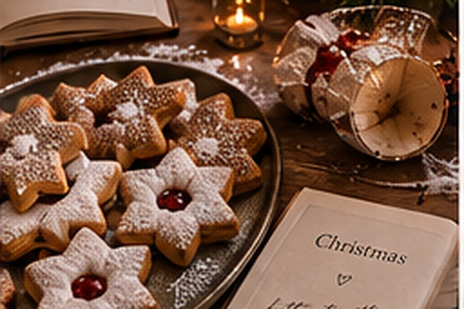 A festive grazing table with cheese, grapes, olives and lit candles.