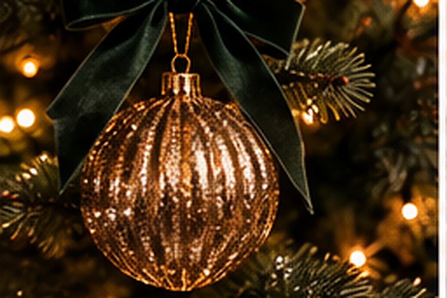 Close-up of gold Christmas ornaments and a star hanging on a lit tree.