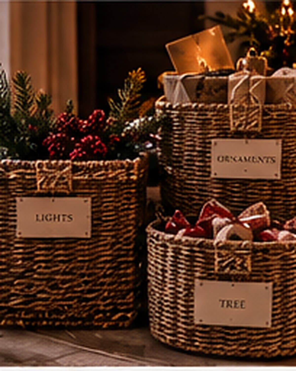 A thoughtfully arranged Christmas gift still life with a scented candle, wrapped presents and warm ribbon.