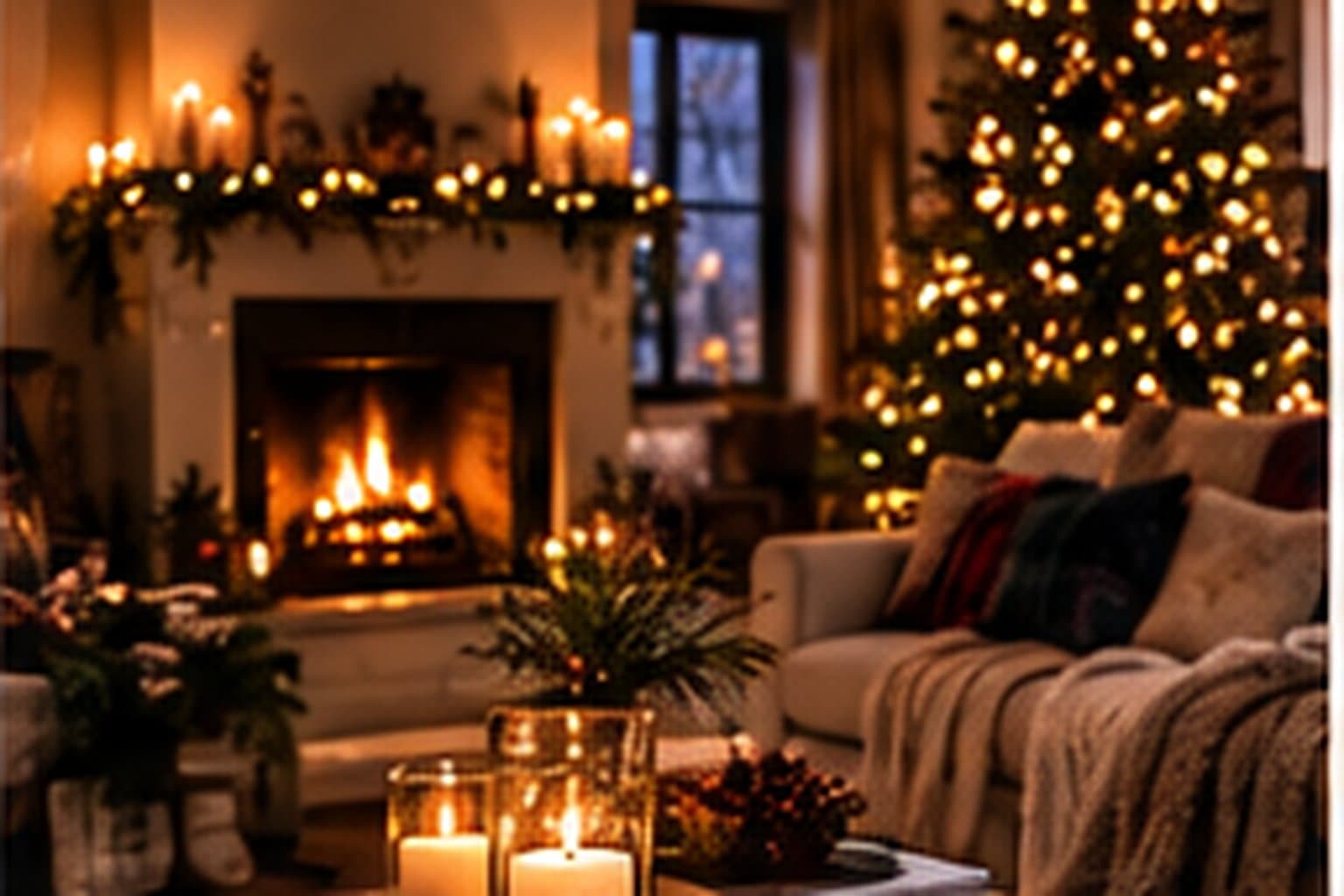 A warm, candlelit living room at dusk with a large decorated Christmas tree, a fire lit and wrapped gifts underneath.