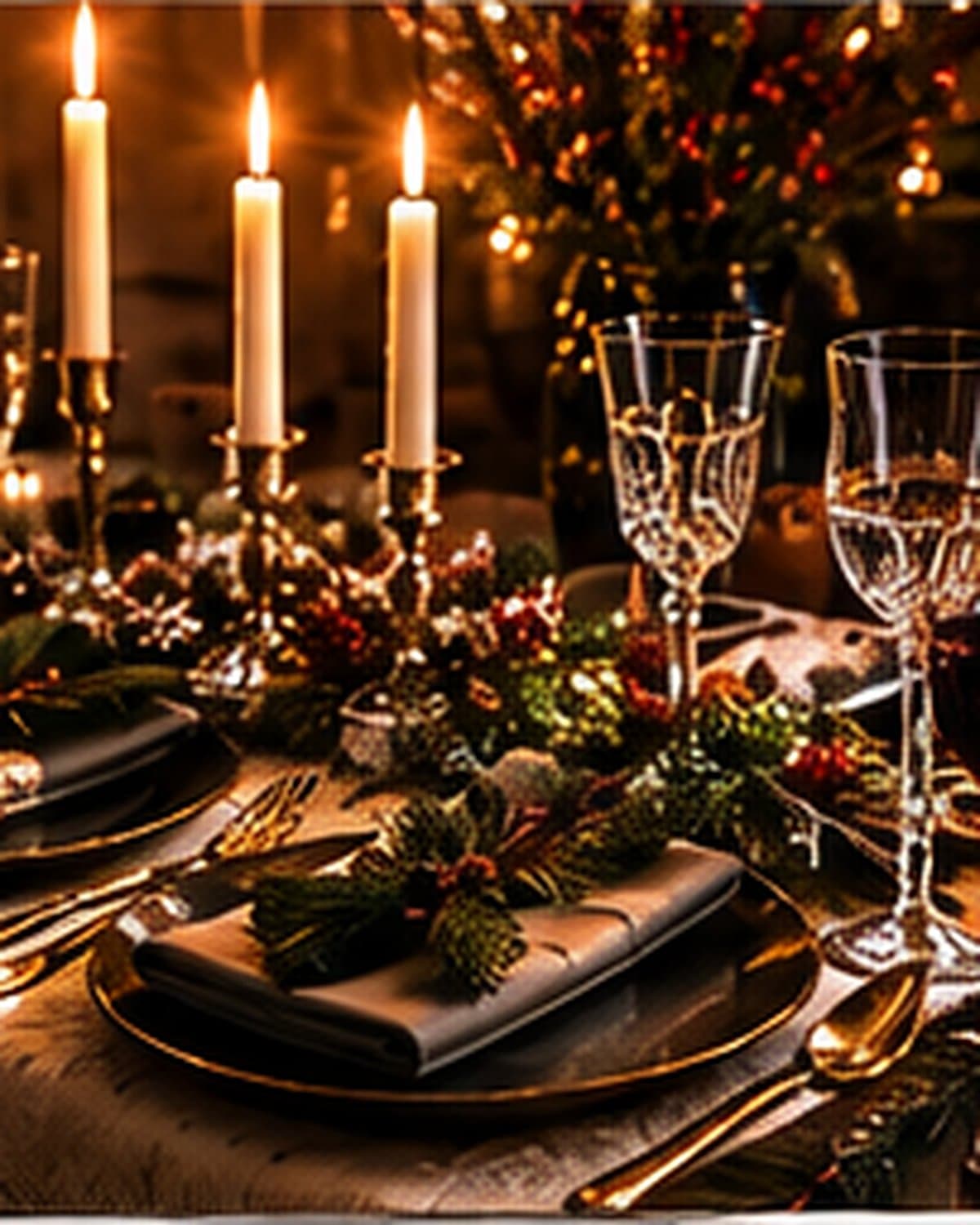 A set Christmas dinner table with candles and table linen, ready before guests arrive.