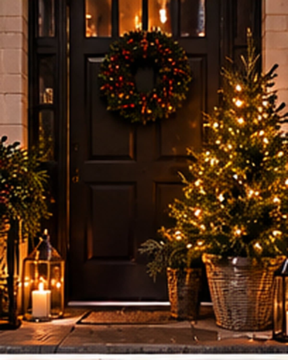 A warm brass lamp glowing in an upstairs window of a quiet winter street, with subtle Christmas light below.