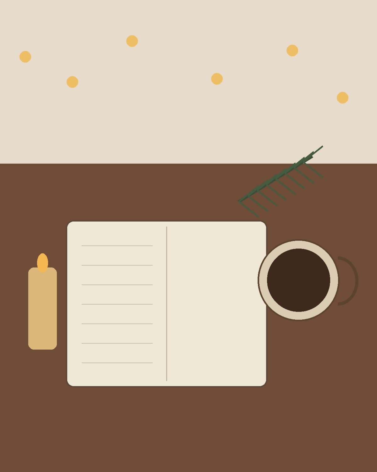 Warm Christmas planning desk with notebook, coffee, candle and tree lights.