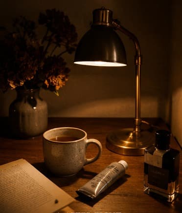 A small lamp lit beside a book and a cup of tea in a dimly lit room, curtains slightly open to a darkening sky, a phone left charging across the room