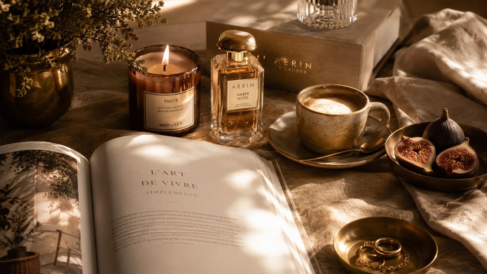 Perfume, candle, coffee, figs, linen and an open book arranged in warm late-summer light.