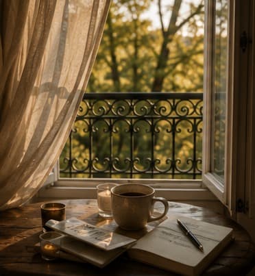 A quiet, reflective morning at an open window with soft golden-hour light