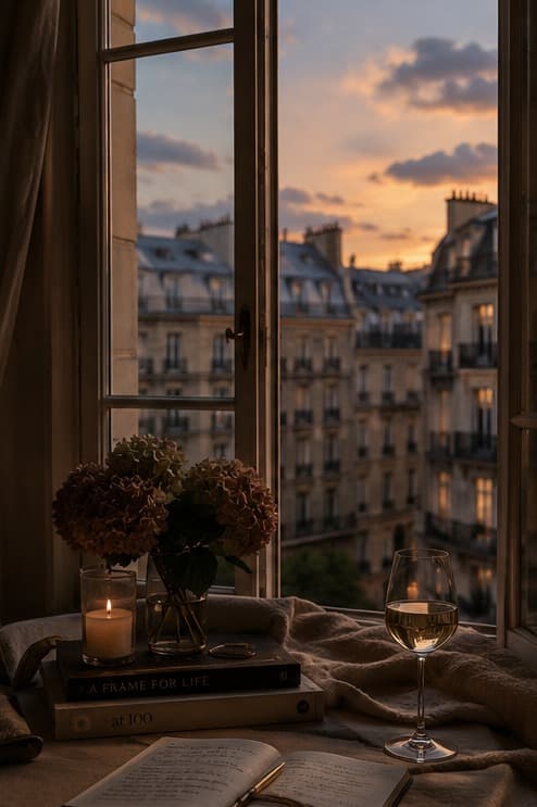 An open window at golden hour looking out over a row of Parisian rooftops, with a lit candle, flowers and a glass of white wine on the sill