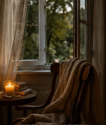 A cardigan draped over a chair beside an open window at dusk, with one warm lamp lit and a candle in smoked glass on the sill, summer green still visible outside
