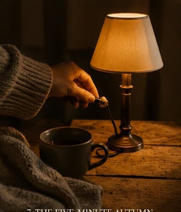 A hand switching on a small lamp beside a dark mug of coffee and a cardigan folded over a chair