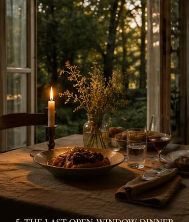 A table set beside an open window at dusk with linen, dark glassware, a bowl of figs and pears, and one lit candle