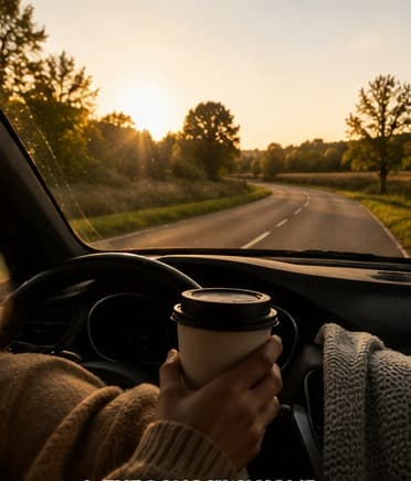 A view through a car windscreen along a tree-lined road at dusk, with a coffee cup in the cup holder and soft evening light ahead