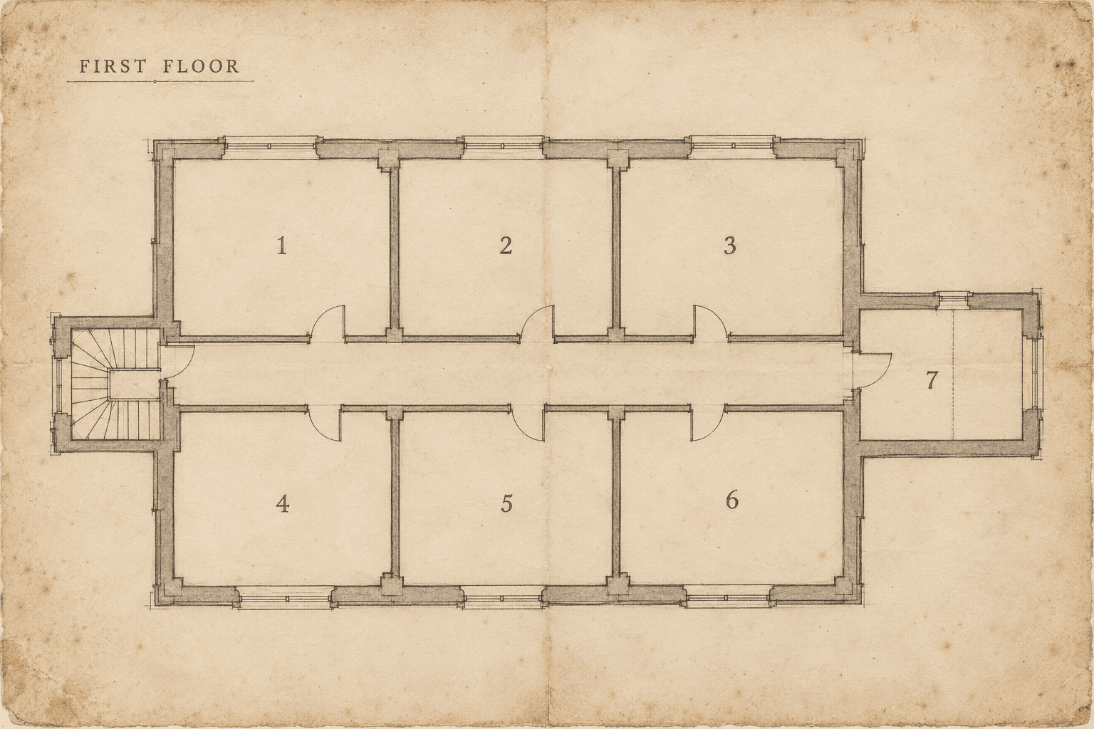 An old architectural first-floor plan of Amberfell, showing numbered rooms along a corridor and a small rectangular space at the end marked only "7".
