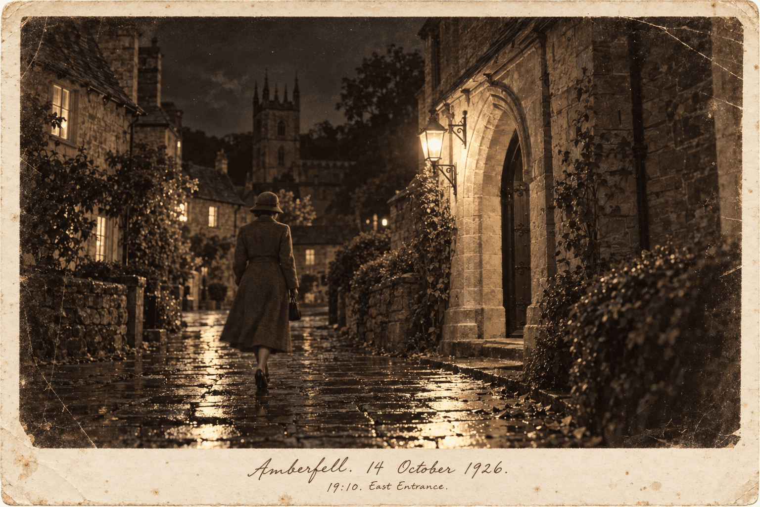 A sepia-toned photograph of a woman seen from behind, walking toward a lantern-lit archway at Amberfell’s East Entrance at night. Handwritten across the top: "Amberfell. 14 October 1926." Along the bottom: "19:10. East Entrance."