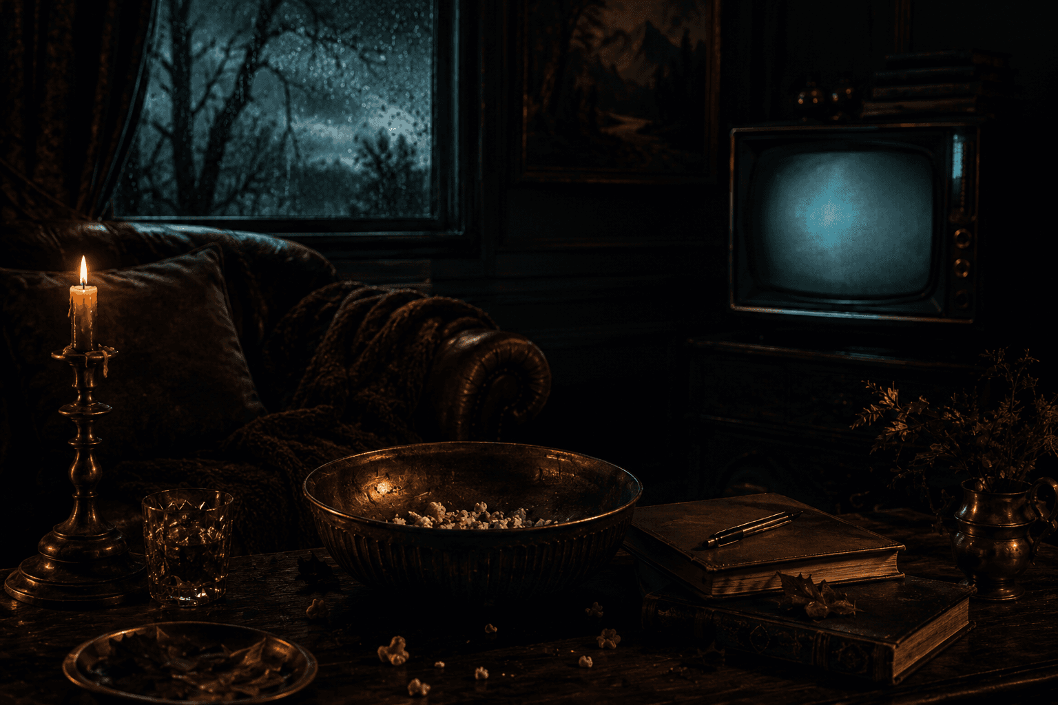 A gothic film-night still life - an old house, candlelight and shadow.