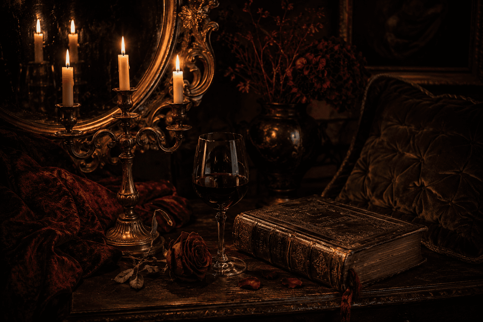 A witchy autumn still life - candles, herbs and old books.