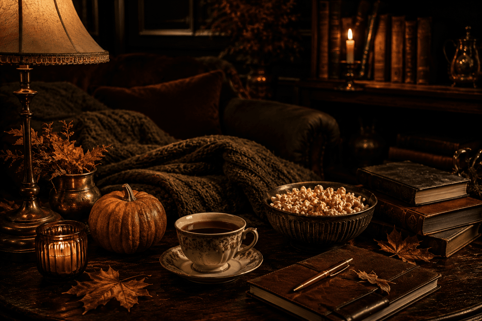 A comforting, candlelit autumn film-night still life - nothing frightening in sight.
