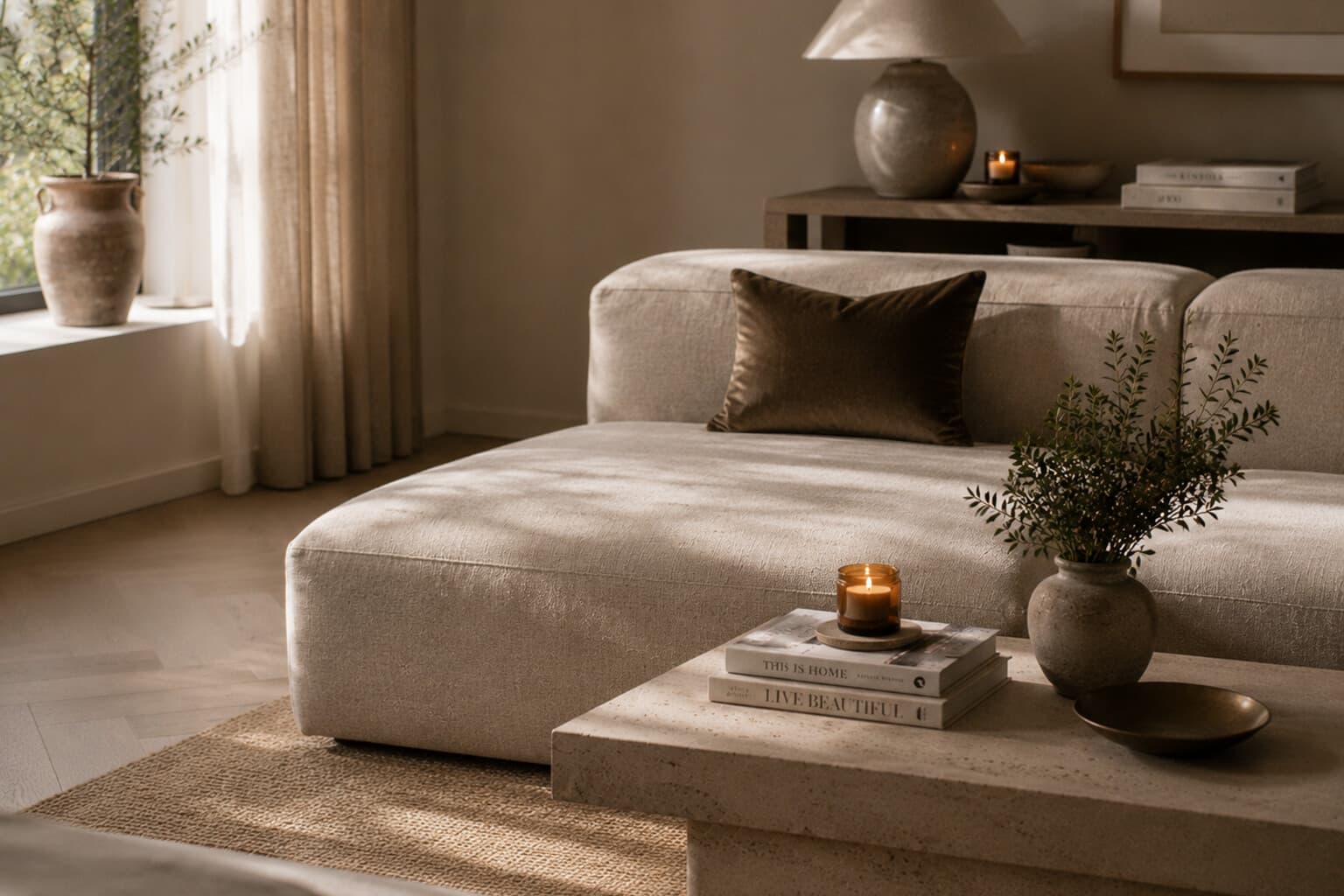 A calm, softly lit living room with a few considered objects and enough empty space to breathe.