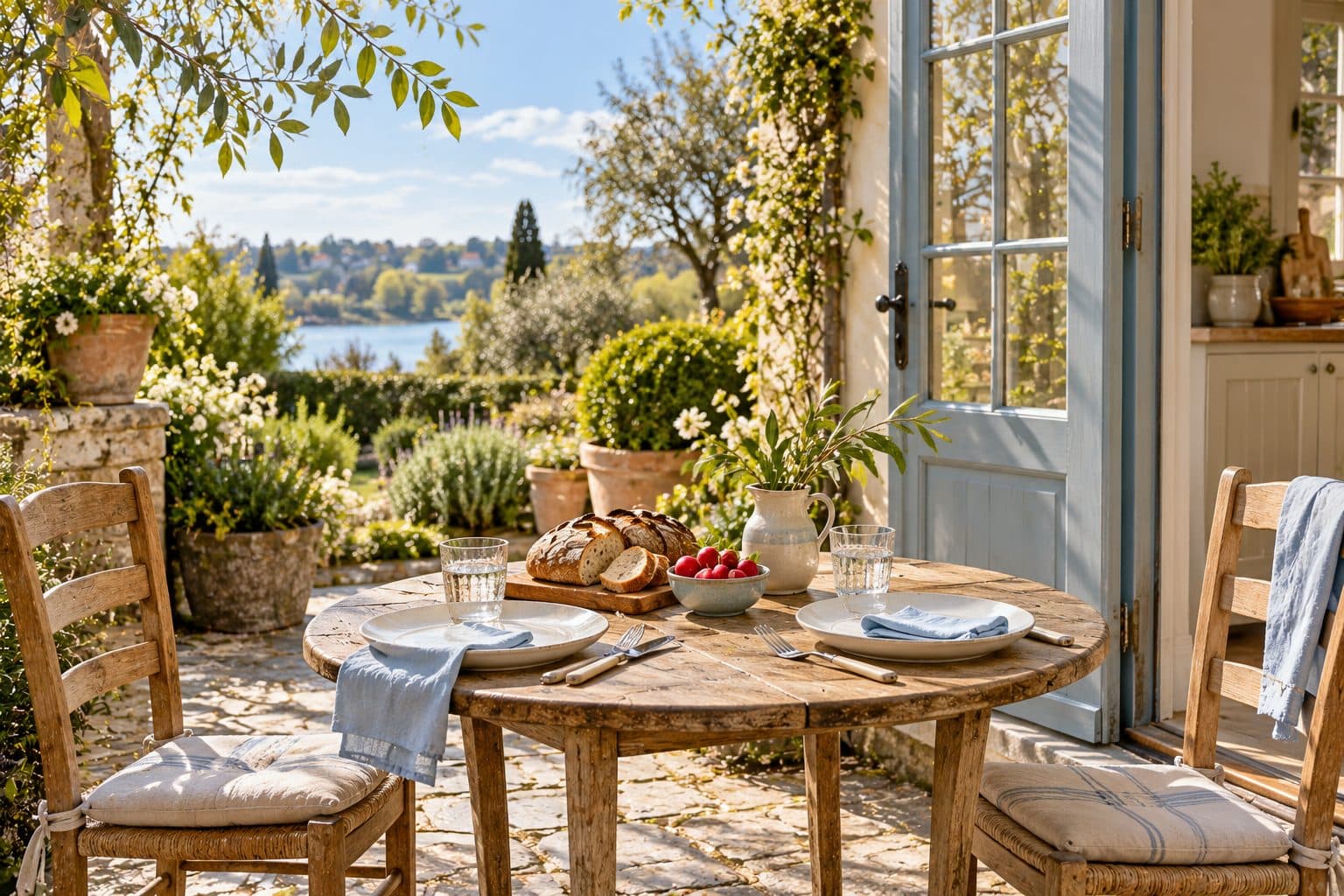 AI-created image of a spring table set for two with blue napkins, bread, radishes and leafy stems.