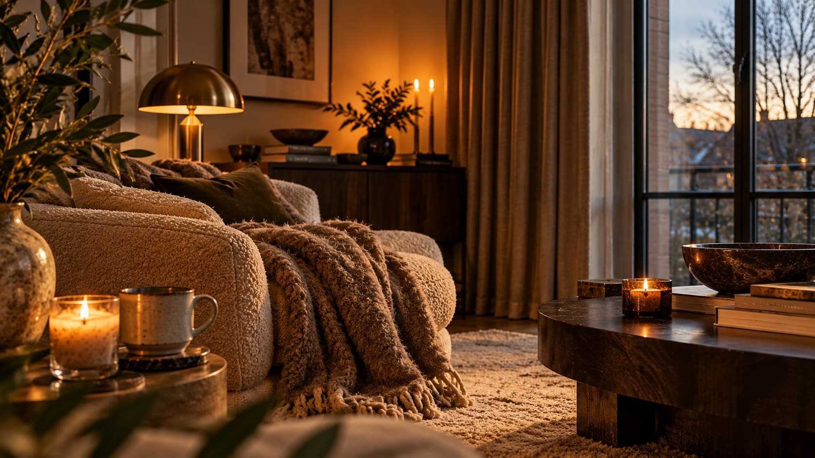 Cosy winter living room with warm lamps, candlelight, boucle seating and a thick textured throw.