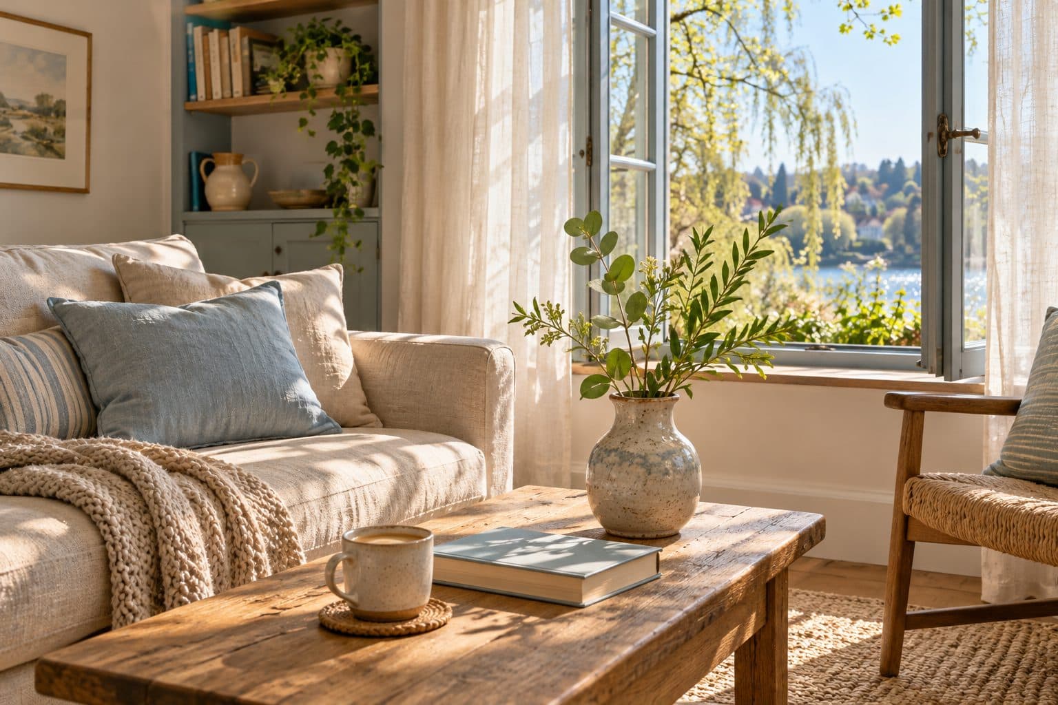 AI-created image of a bright spring sitting room with a pale blue cushion, leafy stems and coffee beside an open window.