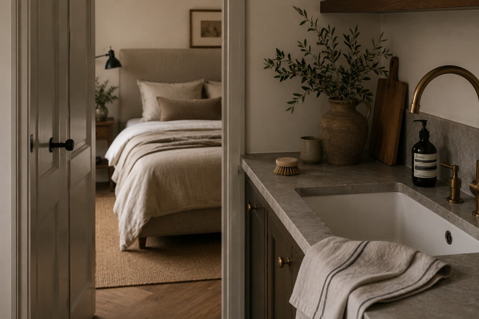 A clear kitchen sink and a folded tea towel beside a made bed, visible through an open doorway.