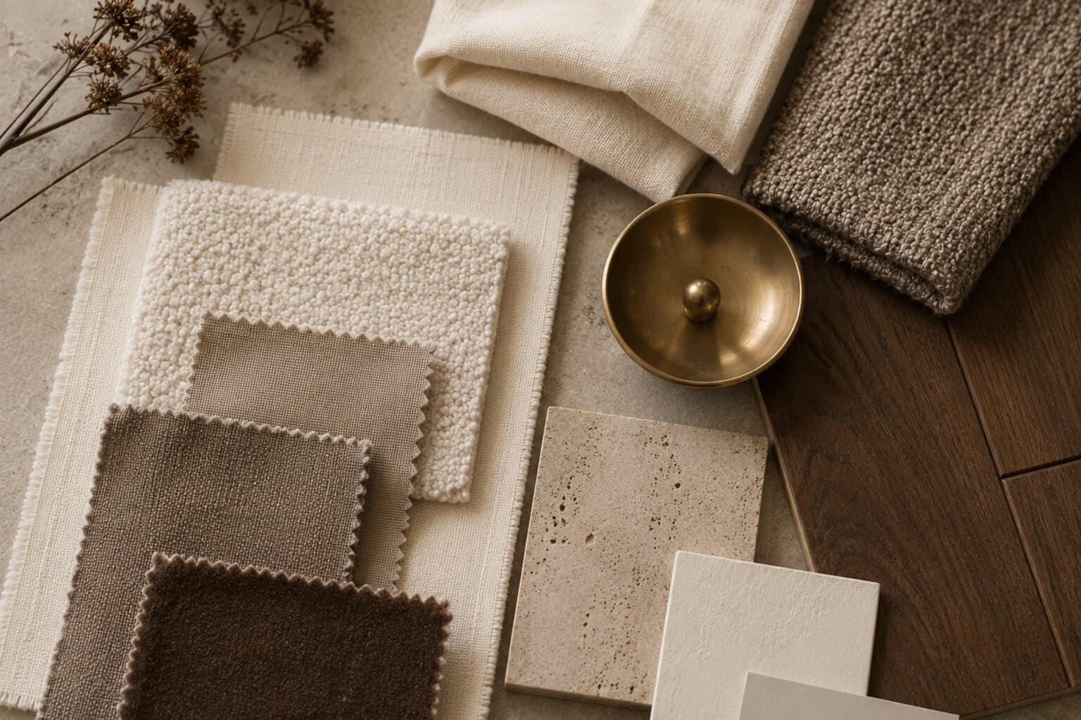 A flat lay of warm cream, taupe and walnut-toned fabric and material swatches with a small brass object.